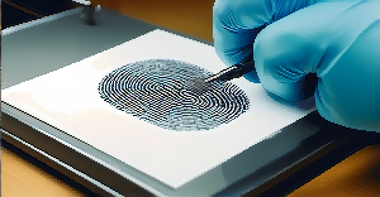 A gloved hand pressing down on a fingerprint scanner, with a blurred background.