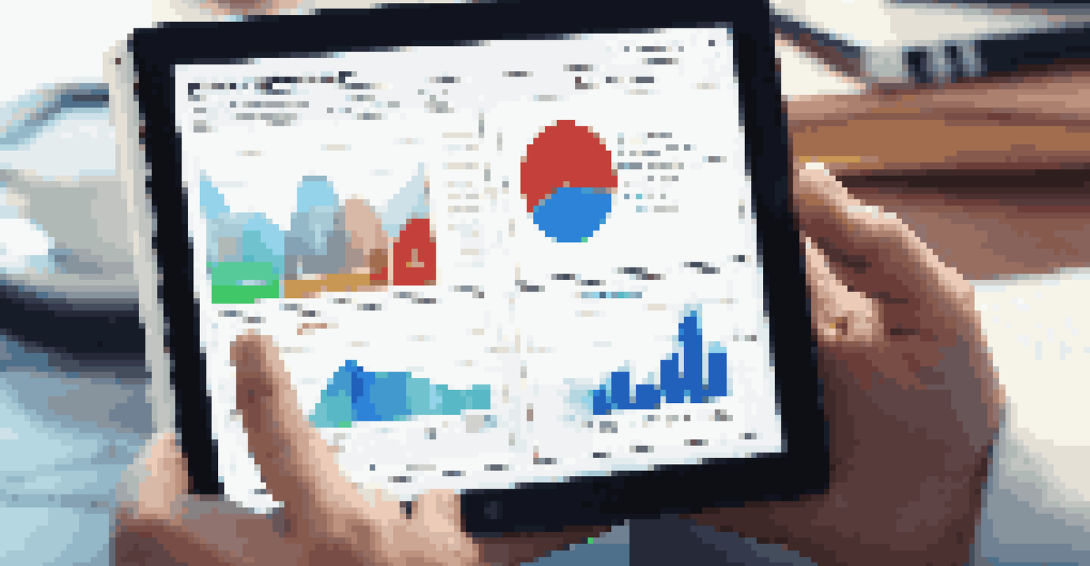 A close-up of a hand using a digital tablet showing performance metrics in a blurred office background.