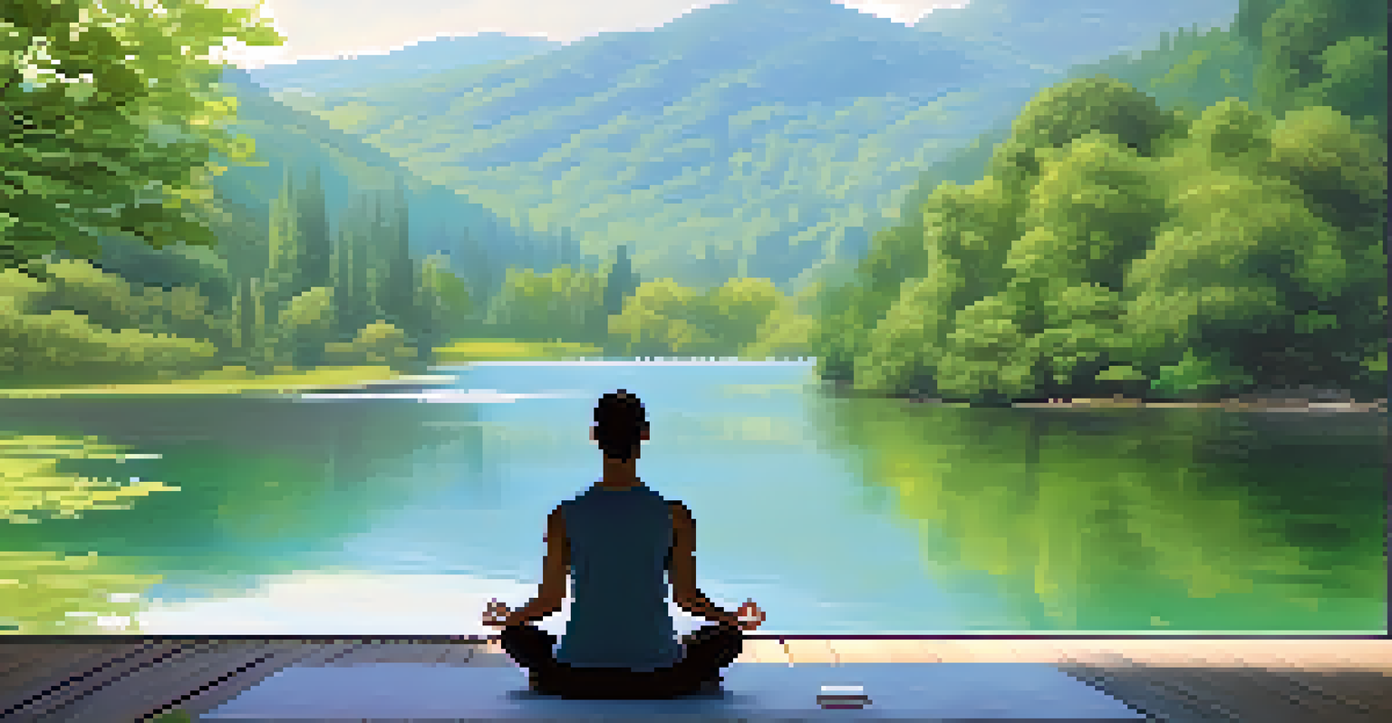 A person meditating outdoors with a digital screen showing mental health tips, surrounded by nature.