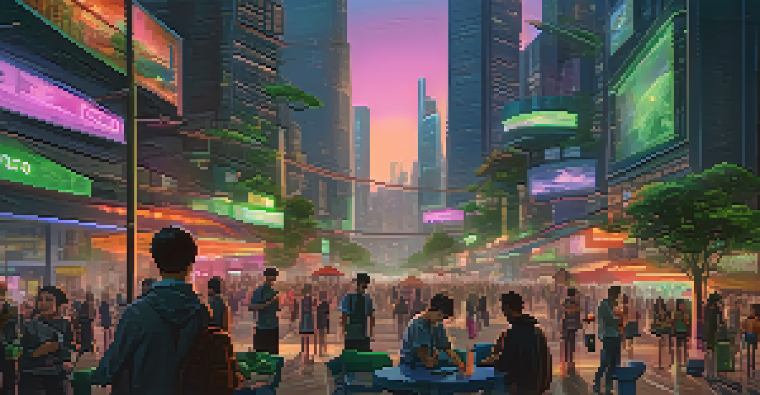 A bustling futuristic city at dusk with illuminated skyscrapers and people using smart devices.