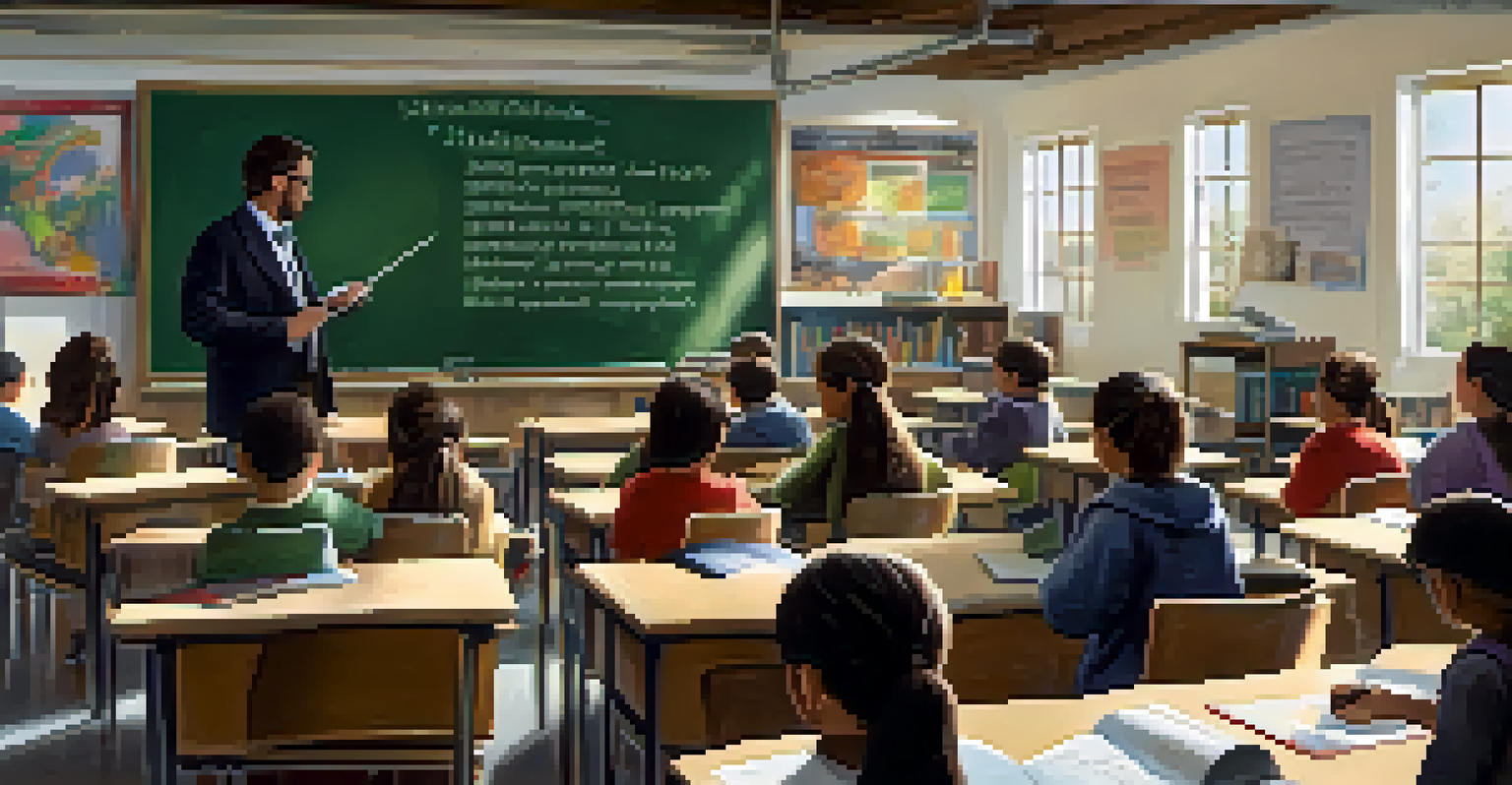 A classroom with a teacher discussing intellectual property, with engaged students and educational materials.