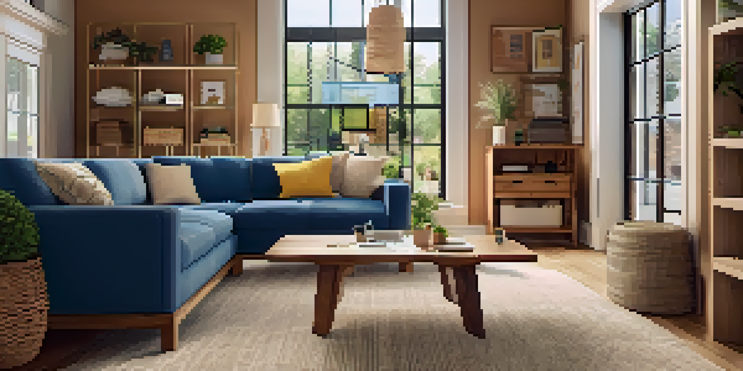 A customer in a retail store using a smartphone to visualize furniture in their living room with augmented reality, surrounded by warm wooden textures and natural lighting.