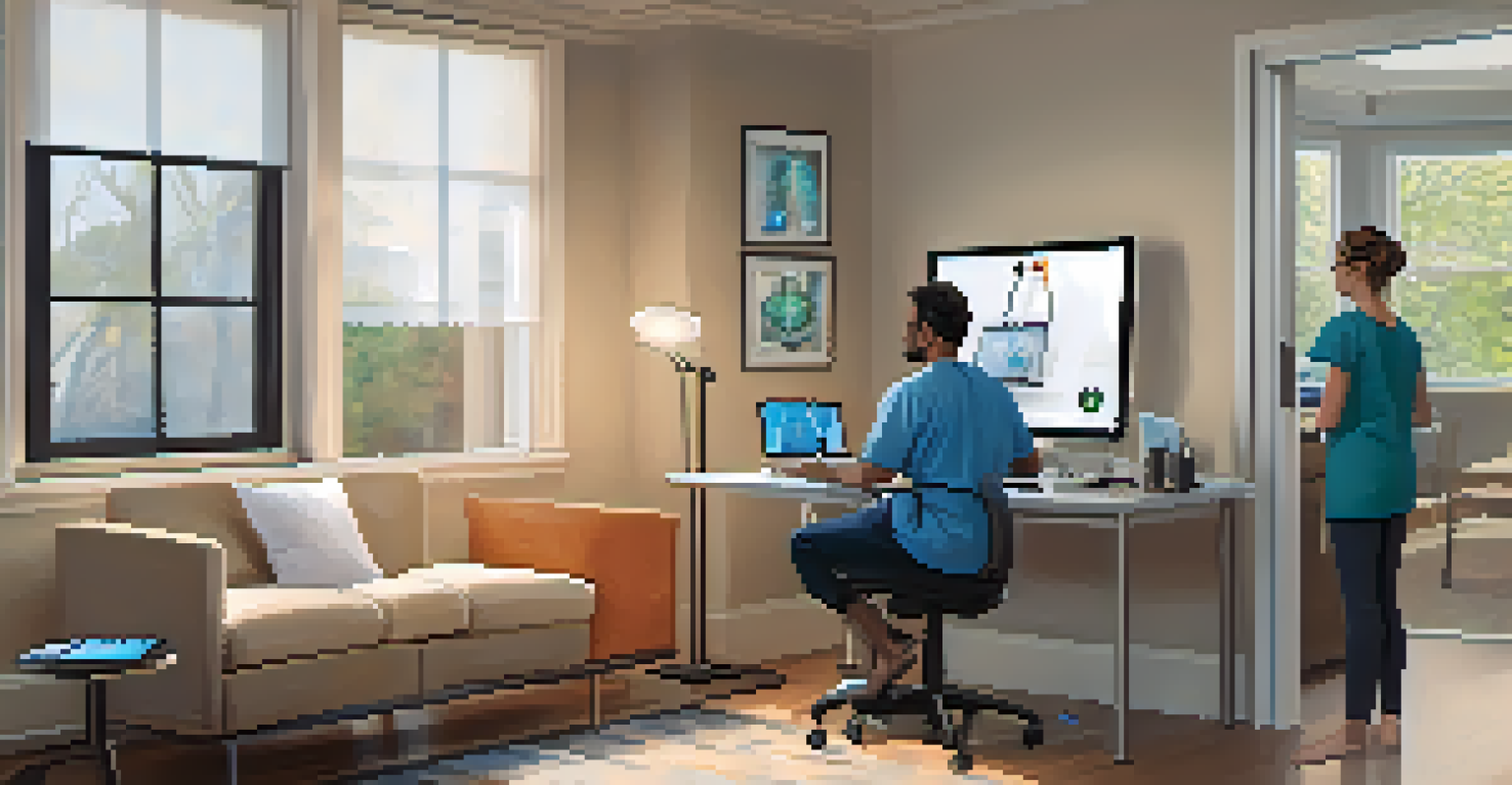 A healthcare professional and a patient in a virtual consultation, surrounded by remote monitoring devices.
