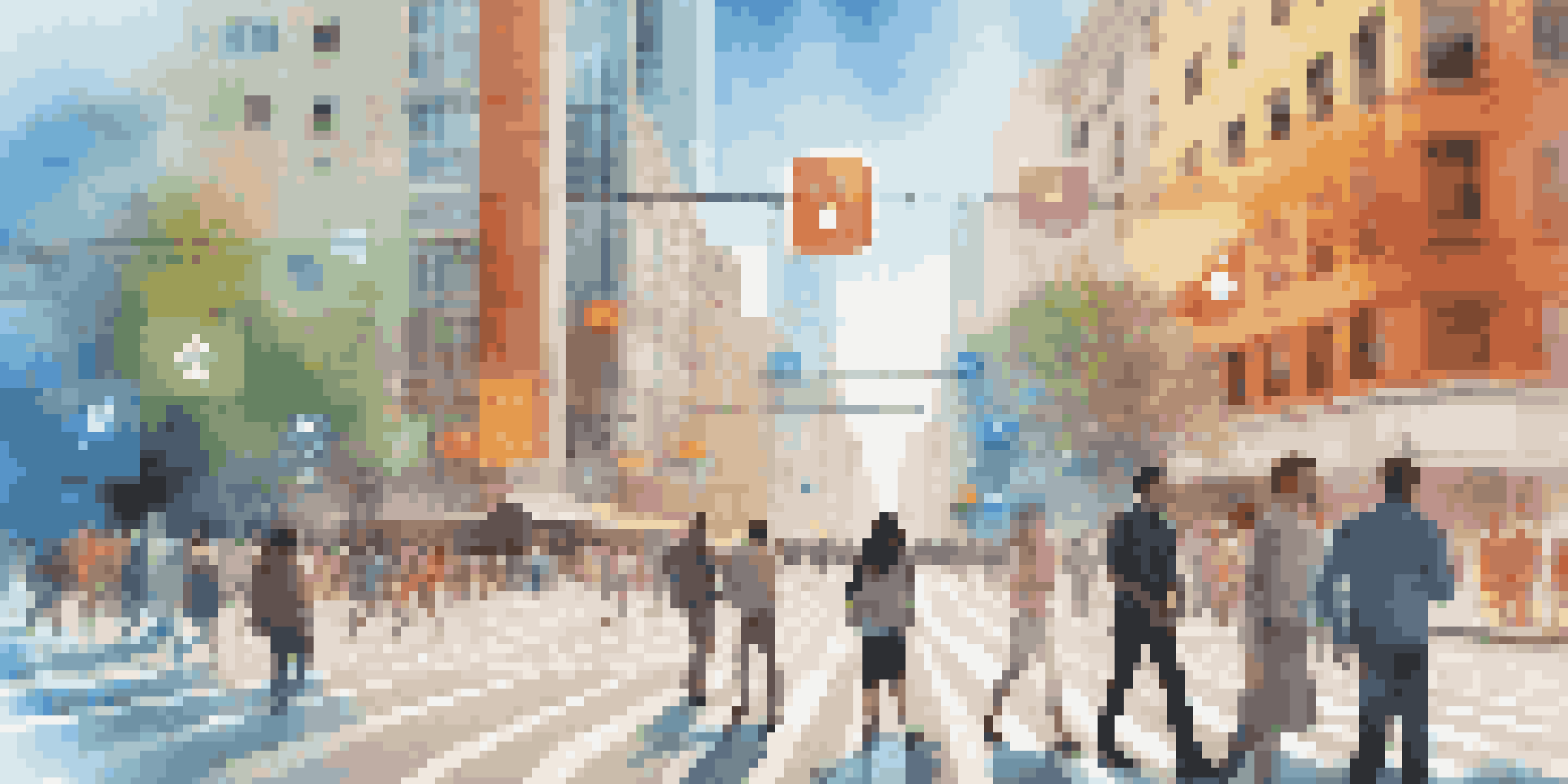 A busy city street with pedestrians using augmented reality glasses, displaying colorful safety alerts and information in the air.