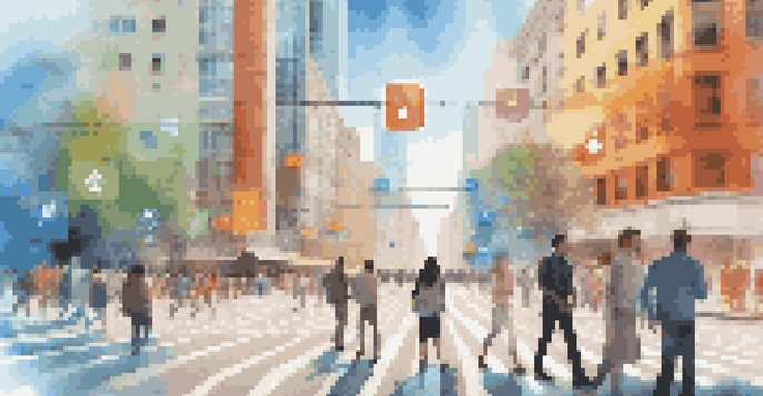 A busy city street with pedestrians using augmented reality glasses, displaying colorful safety alerts and information in the air.