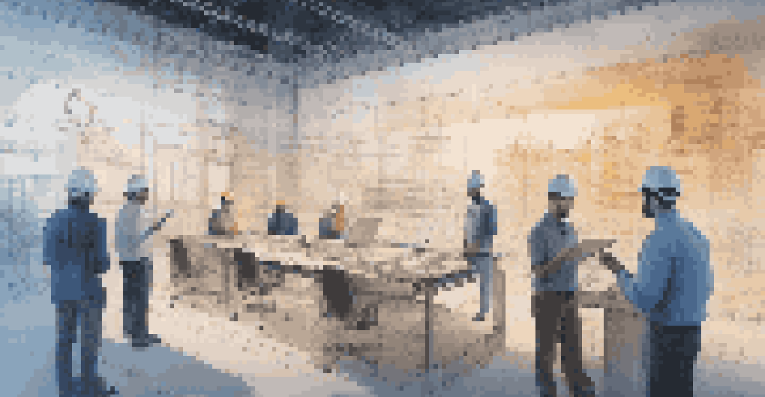 Architects and engineers collaborating over a digital twin on a large screen in a construction project setting.