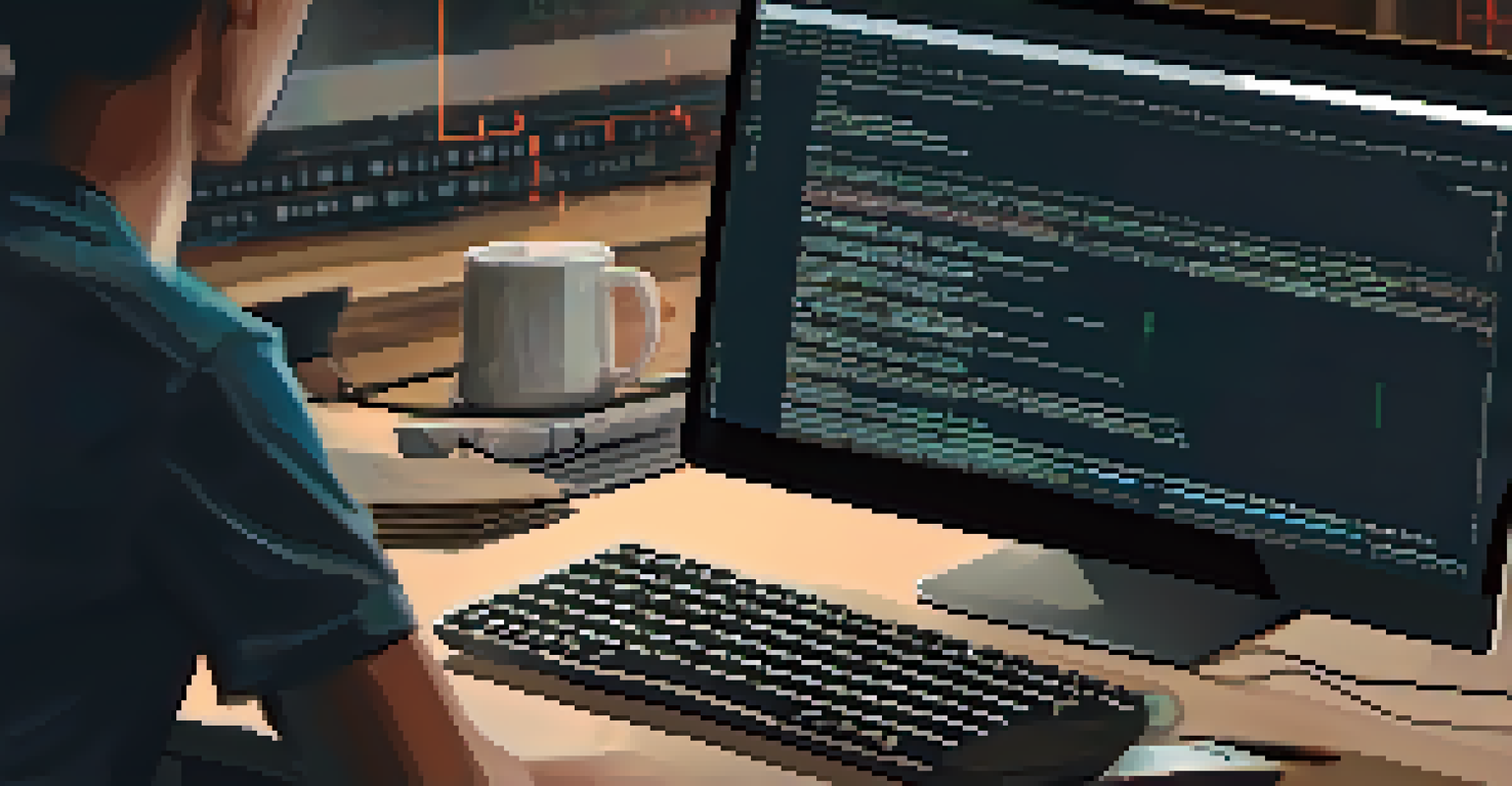 A close-up view of a computer screen showing source code and a security audit tool, with hands typing on a keyboard.