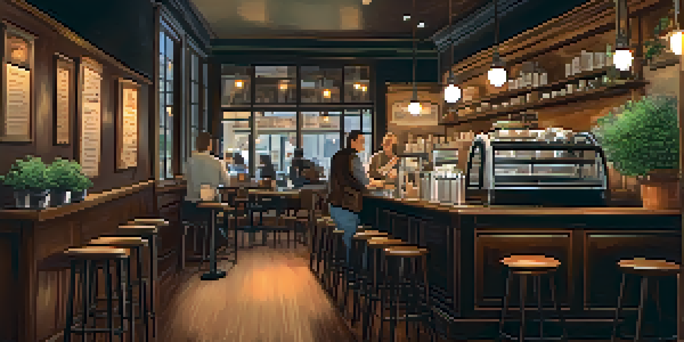 A warm and inviting café interior with a barista serving coffee, patrons enjoying their drinks, and a chalkboard menu.