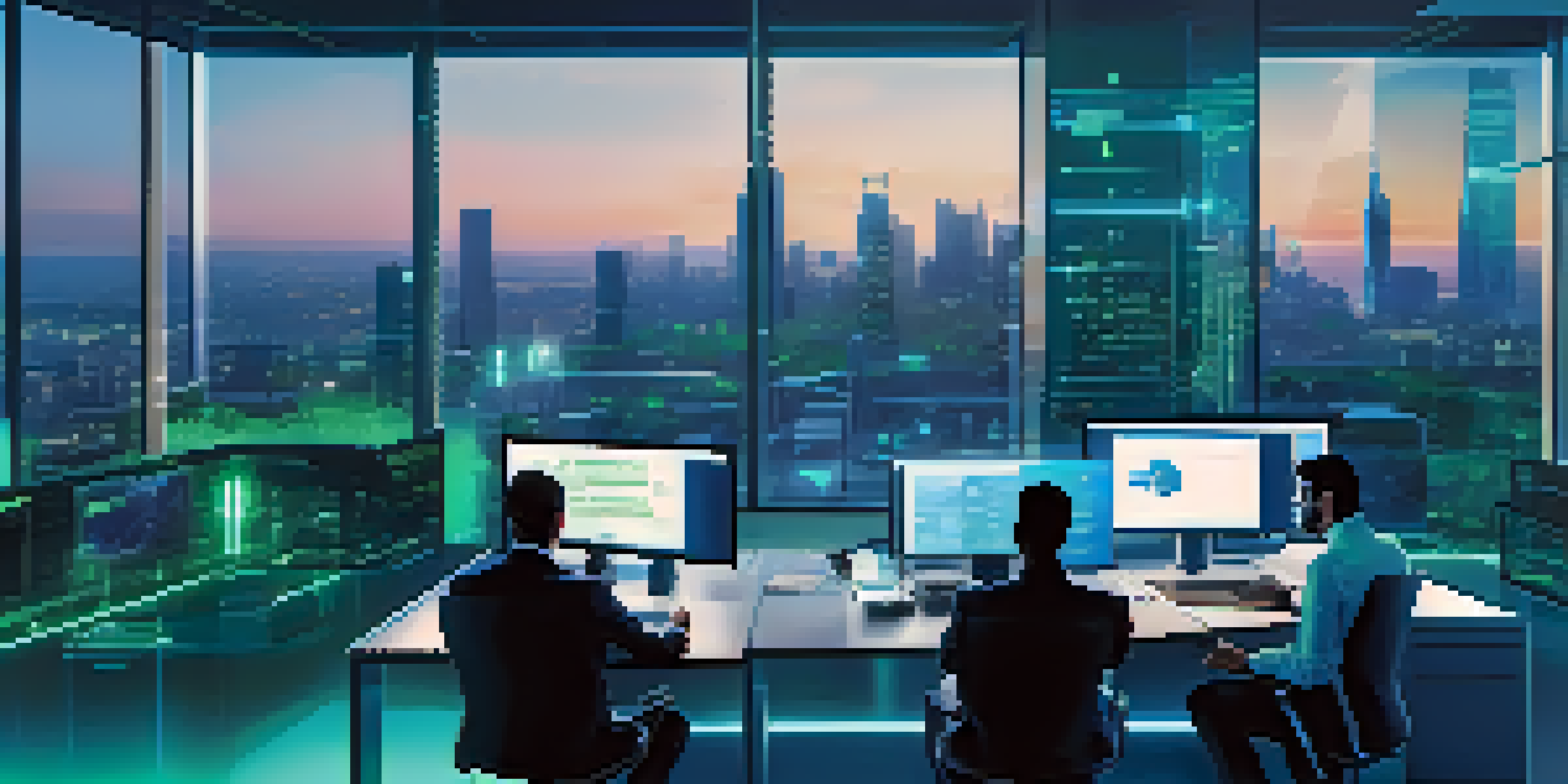 A diverse team of cybersecurity professionals discussing AI data analytics in a modern office with a city skyline view.