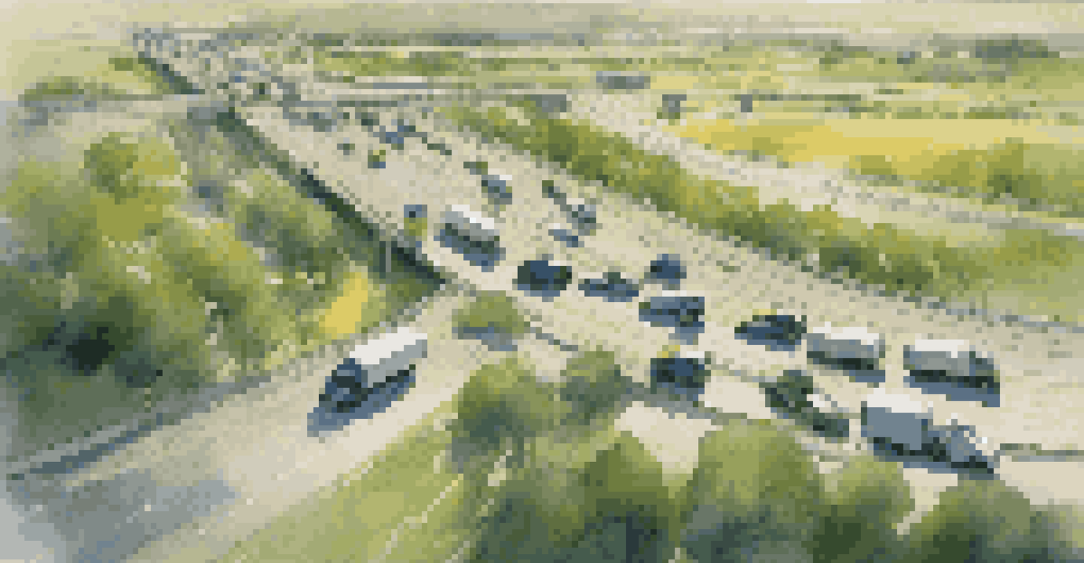 An aerial view of a highway with trucks and green landscapes, showcasing real-time tracking data.