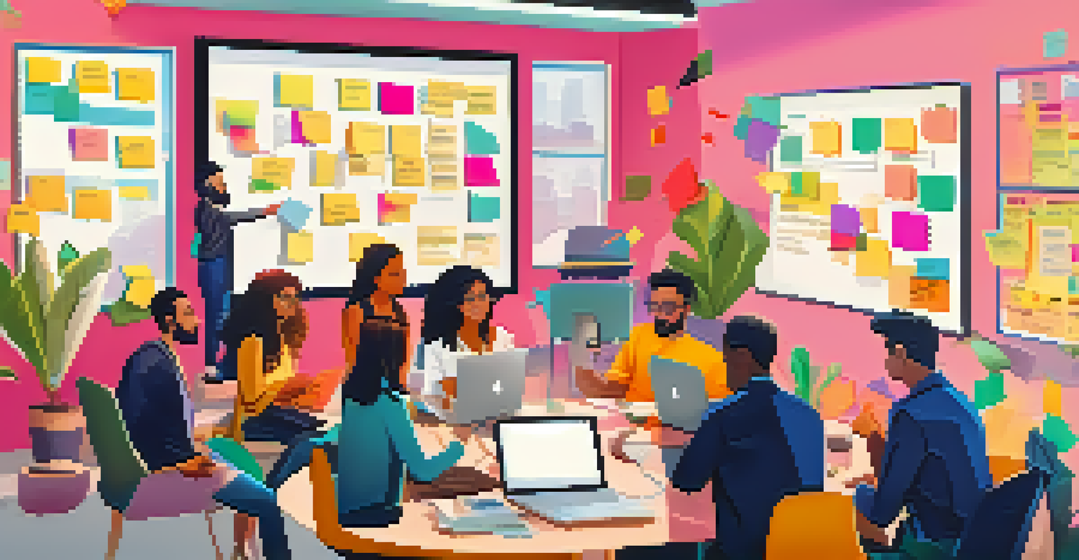 A group of diverse professionals engaged in a brainstorming session about social media strategies, surrounded by sticky notes and a whiteboard.