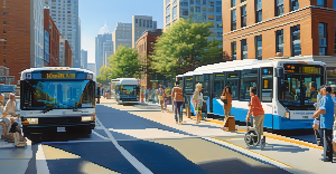 A vibrant urban street with a low-floor bus allowing wheelchair access, individuals boarding, and a visually impaired person navigating with a cane beside a tactile path.