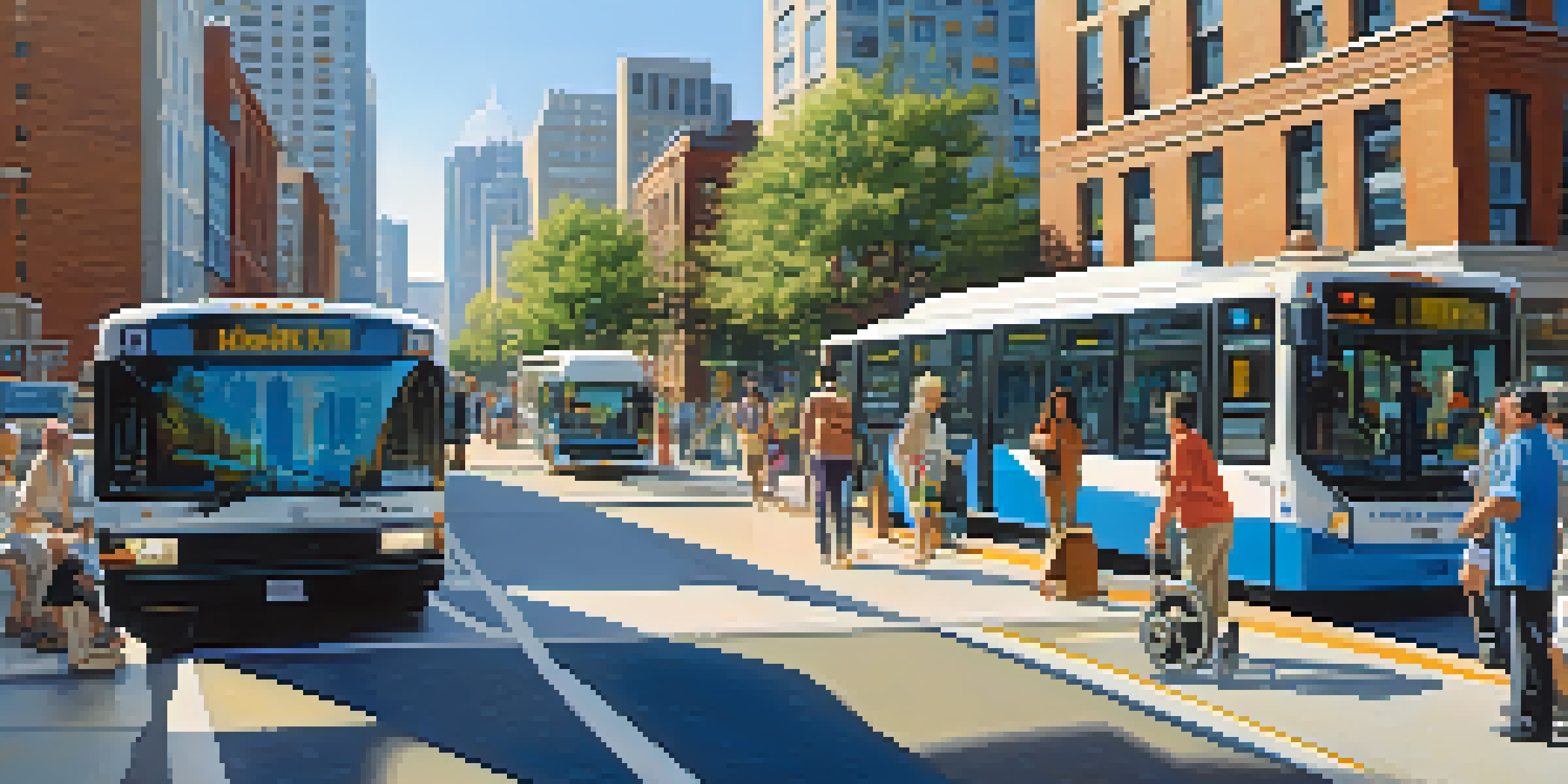 A vibrant urban street with a low-floor bus allowing wheelchair access, individuals boarding, and a visually impaired person navigating with a cane beside a tactile path.