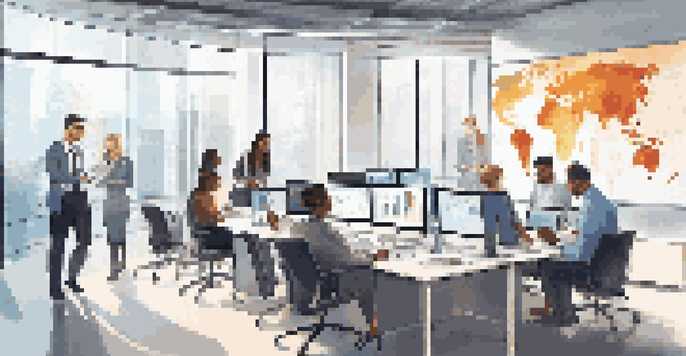 A diverse group of professionals discussing data governance in a modern office filled with digital screens and natural light.