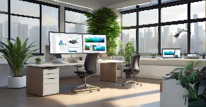 A bright and organized workspace showcasing a computer with digital asset management software on the screens, surrounded by plants and natural light.
