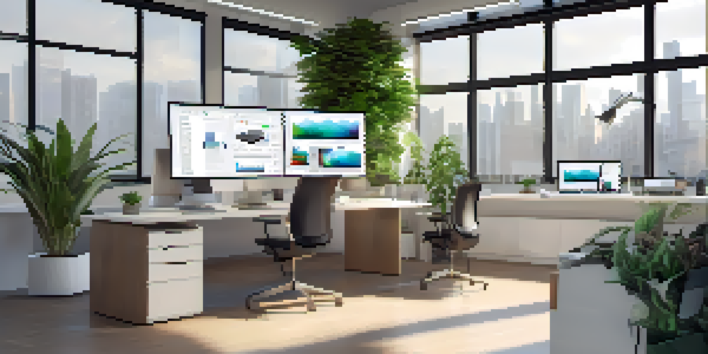 A bright and organized workspace showcasing a computer with digital asset management software on the screens, surrounded by plants and natural light.