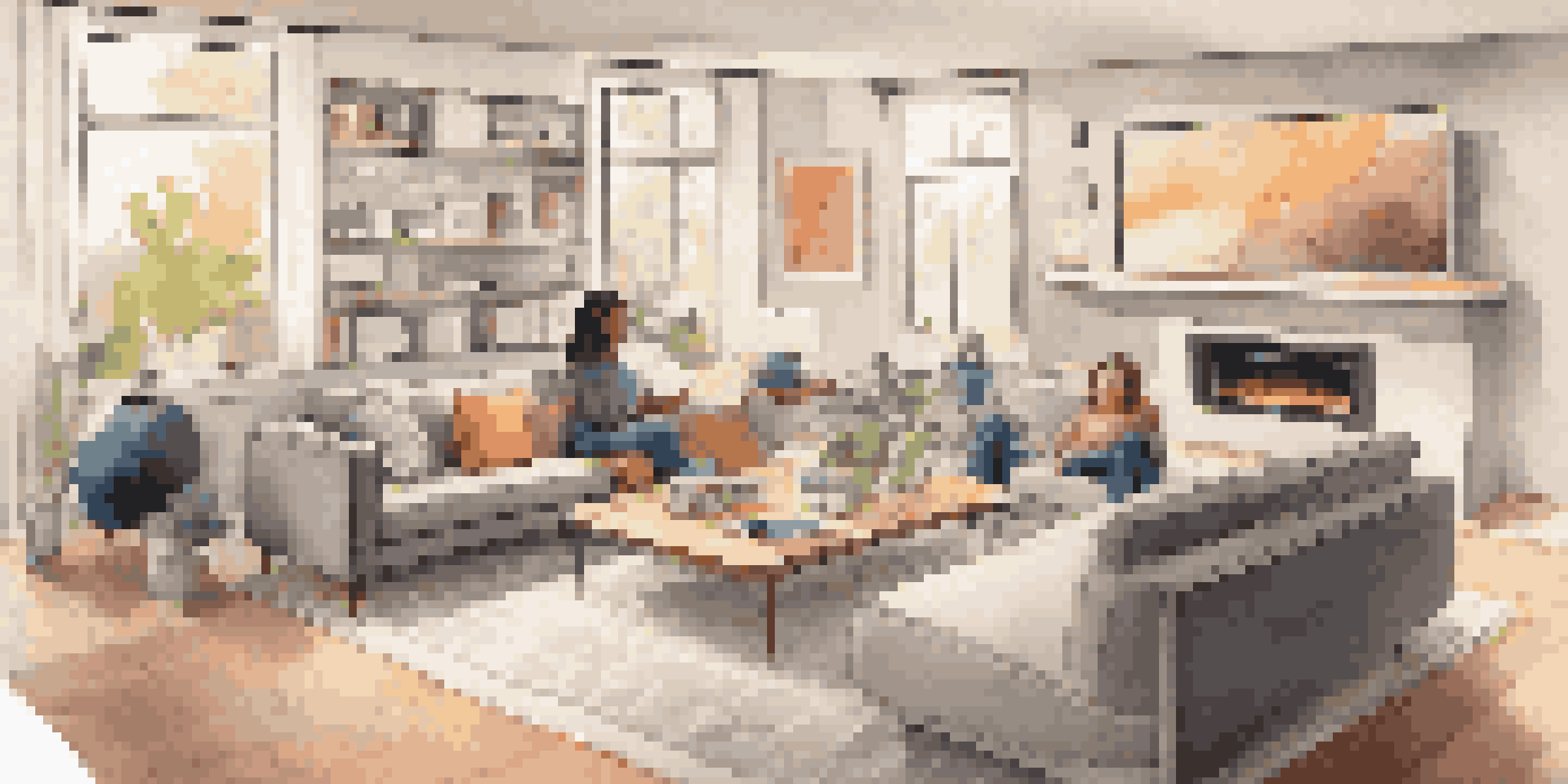 A modern living room with a family discussing smart home devices, featuring a smart hub and various smart devices.