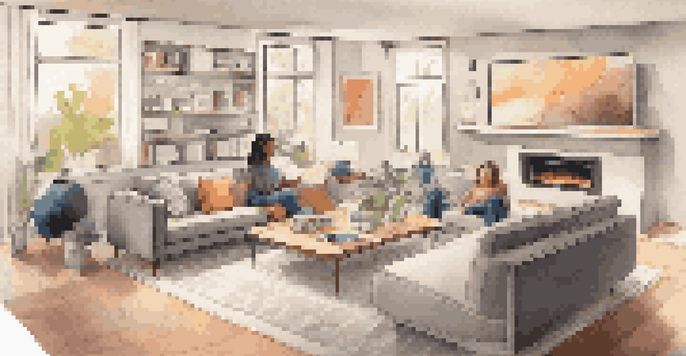 A modern living room with a family discussing smart home devices, featuring a smart hub and various smart devices.