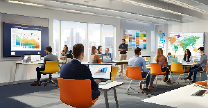 A diverse group of professionals collaborating in a modern office during a digital transformation workshop, with laptops and vibrant office decor.