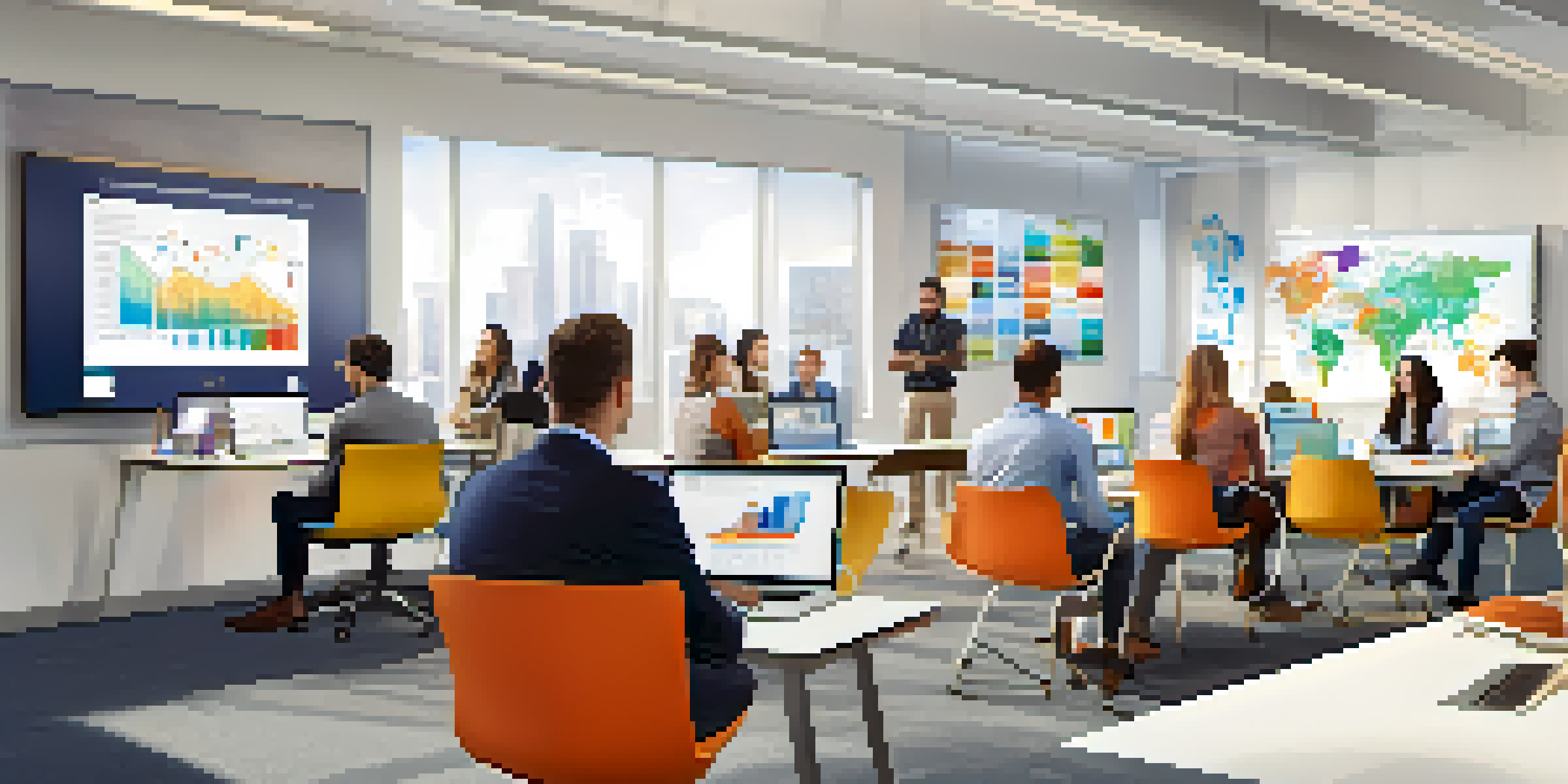 A diverse group of professionals collaborating in a modern office during a digital transformation workshop, with laptops and vibrant office decor.