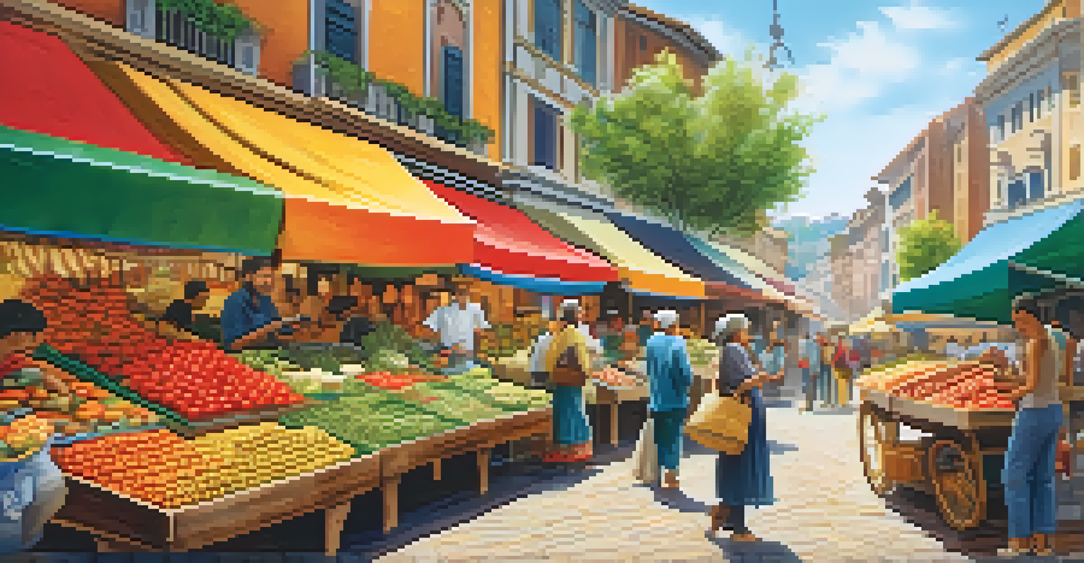 A lively marketplace with stalls of fresh produce and crafts, filled with shoppers and a street musician.