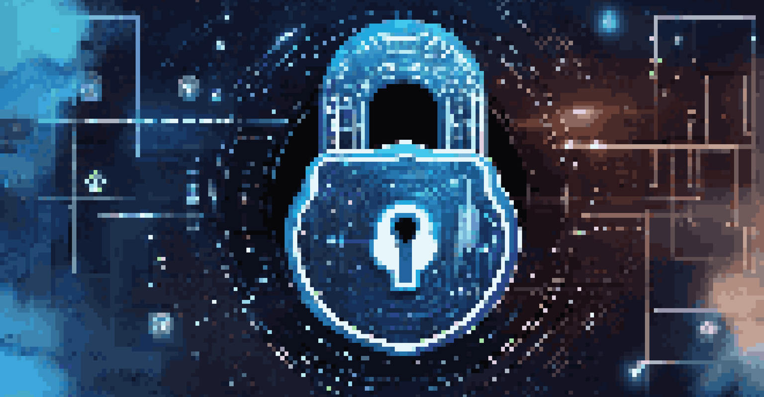 An abstract digital lock surrounded by binary code and cloud icons on a deep blue background.