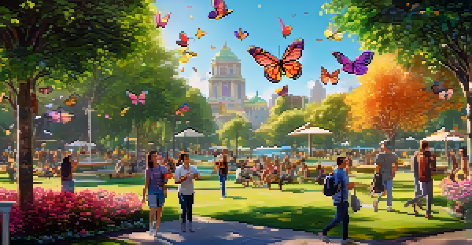 People in a park engaging with augmented reality features on their smartphones, surrounded by nature and bright sunlight.