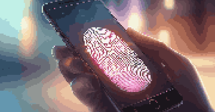 A modern smartphone with a fingerprint scanner, glowing softly in a blurred background.
