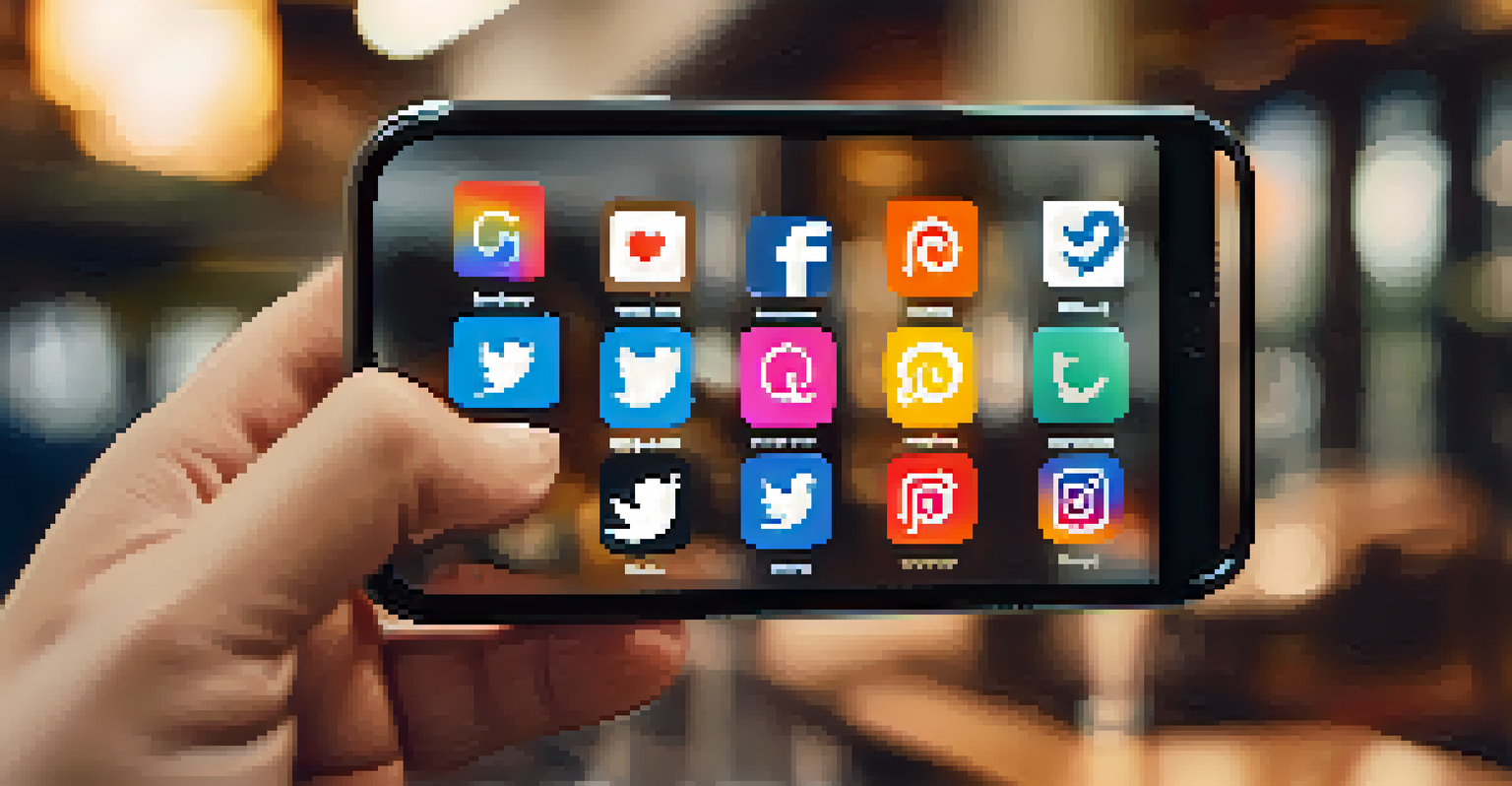 A hand holding a smartphone showing social media notifications with a coffee shop background.