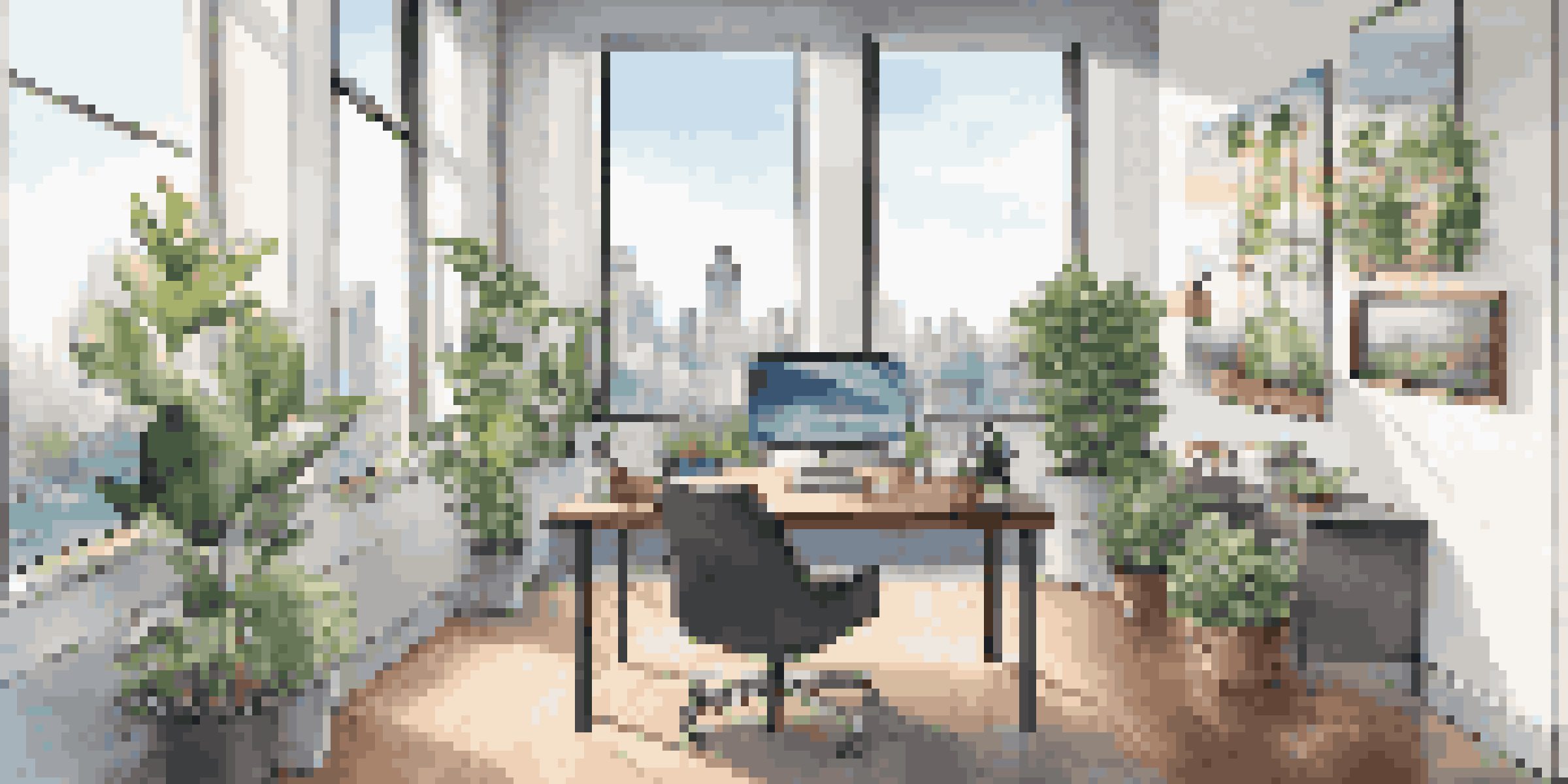 A bright modern office with a desk, laptop, coffee cup, and city skyline visible through large windows.