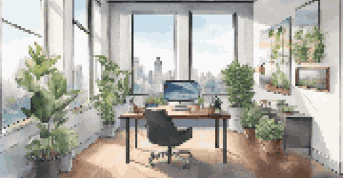 A bright modern office with a desk, laptop, coffee cup, and city skyline visible through large windows.