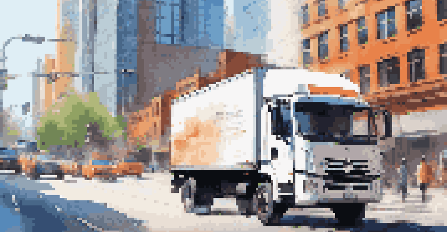 A delivery truck using Edge AI technology in a busy city, showcasing traffic data visualizations.