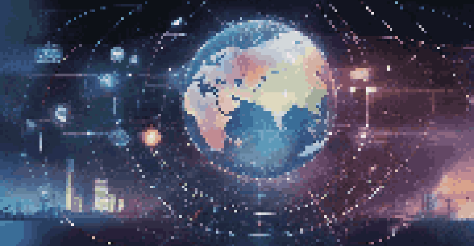 A conceptual digital landscape showing interconnected data points and flowing lines of light, with a globe symbolizing global data connectivity and icons of AI and machine learning, against a dark background.