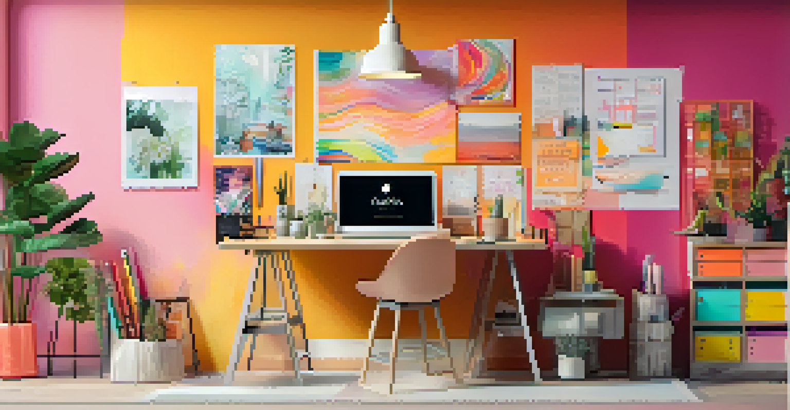 A creative workspace with a laptop displaying Canva, bright stationery, and a mood board, illuminated by bright lighting.