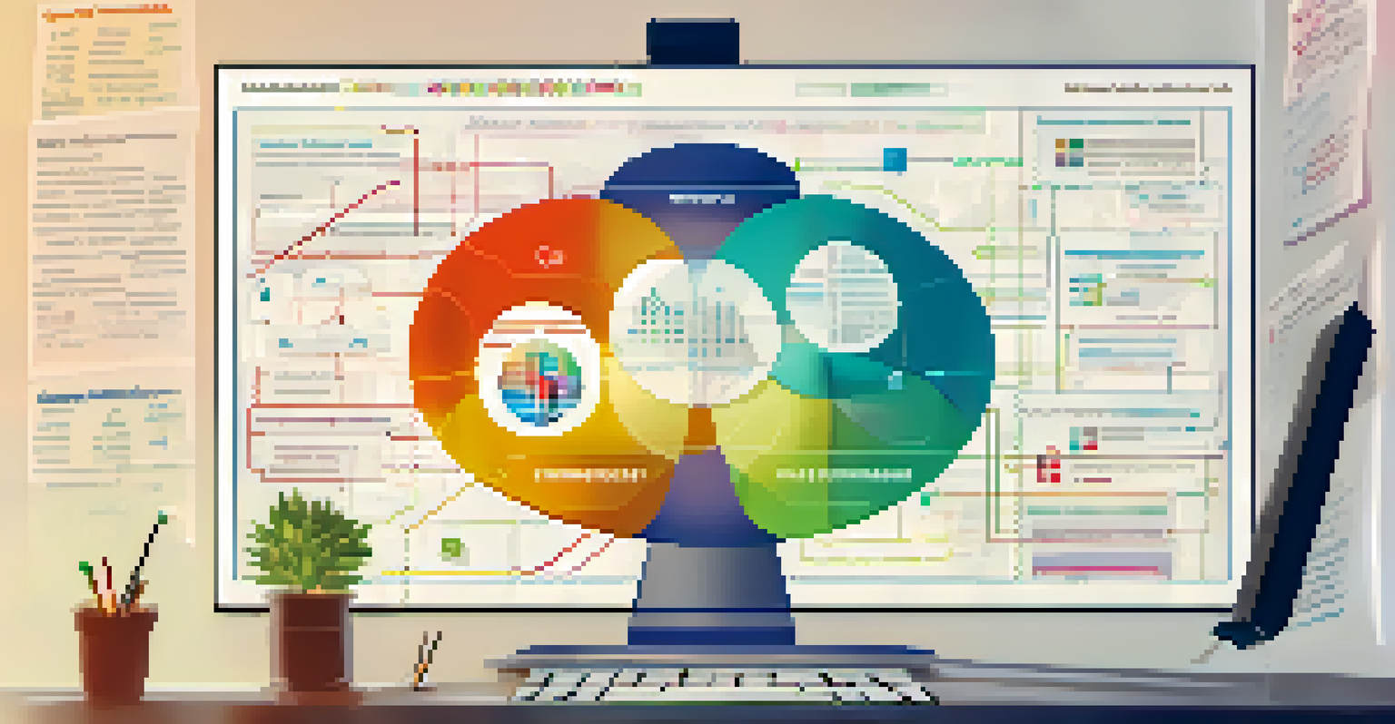 A close-up of a computer screen showing a data governance framework with colorful diagrams, while a hand writes notes in the background.