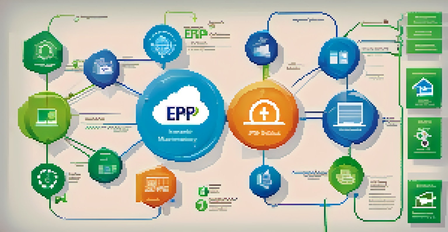 An infographic showing interconnected icons for inventory, CRM, finance, and data analysis around a central ERP logo.
