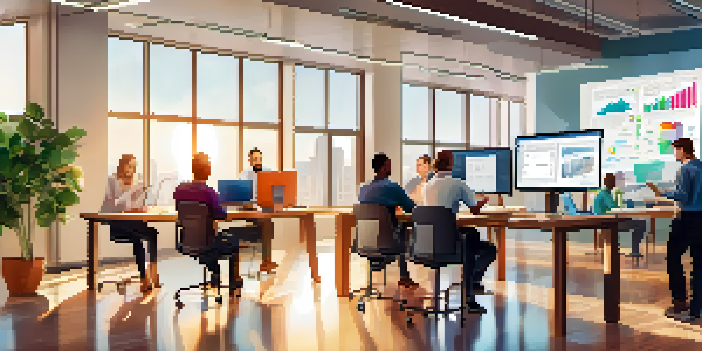 A diverse group of professionals working together in a modern office, using laptops and collaborating on low-code development.