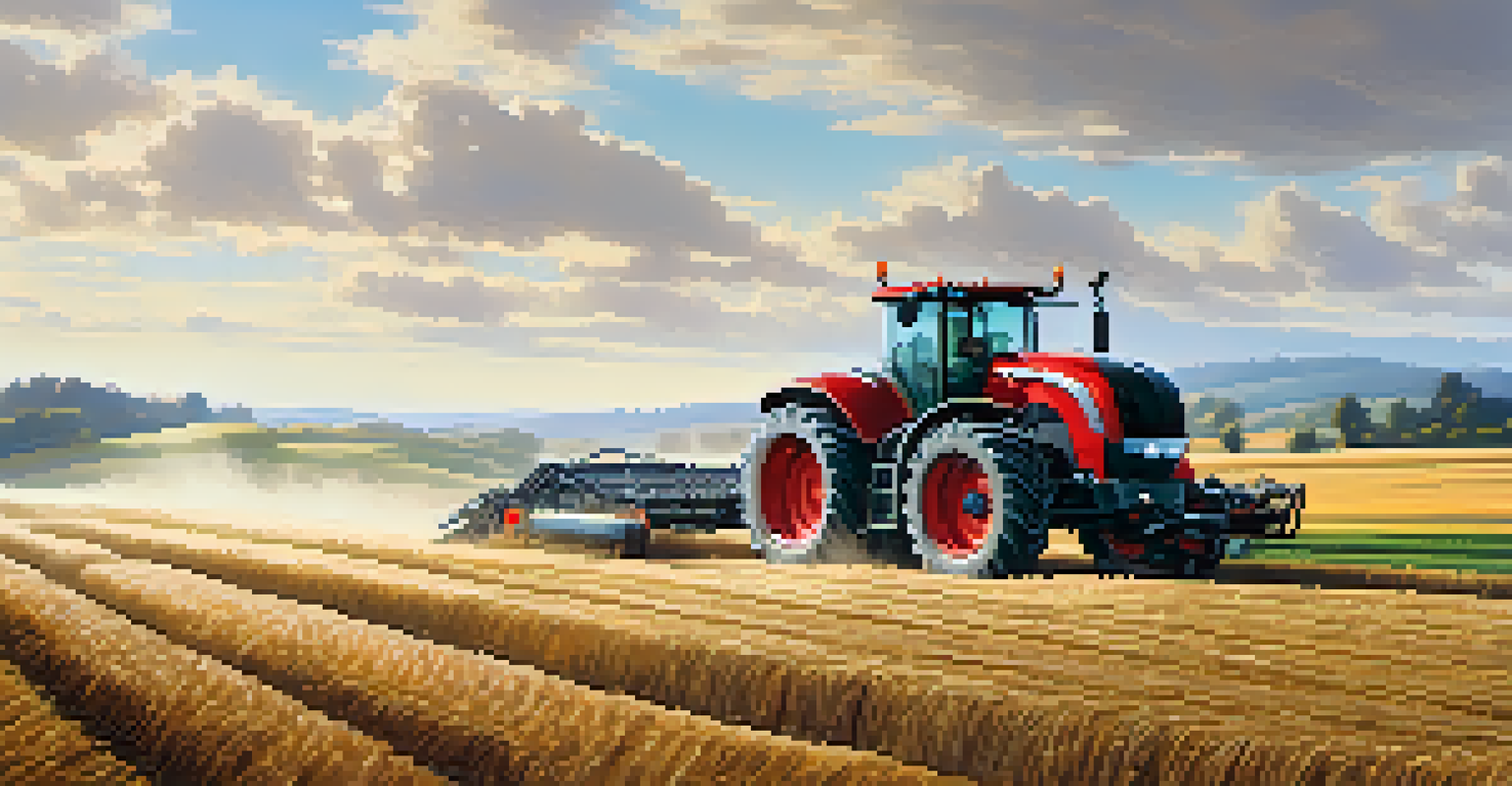 A robotic tractor autonomously plowing a field in a modern farming landscape.