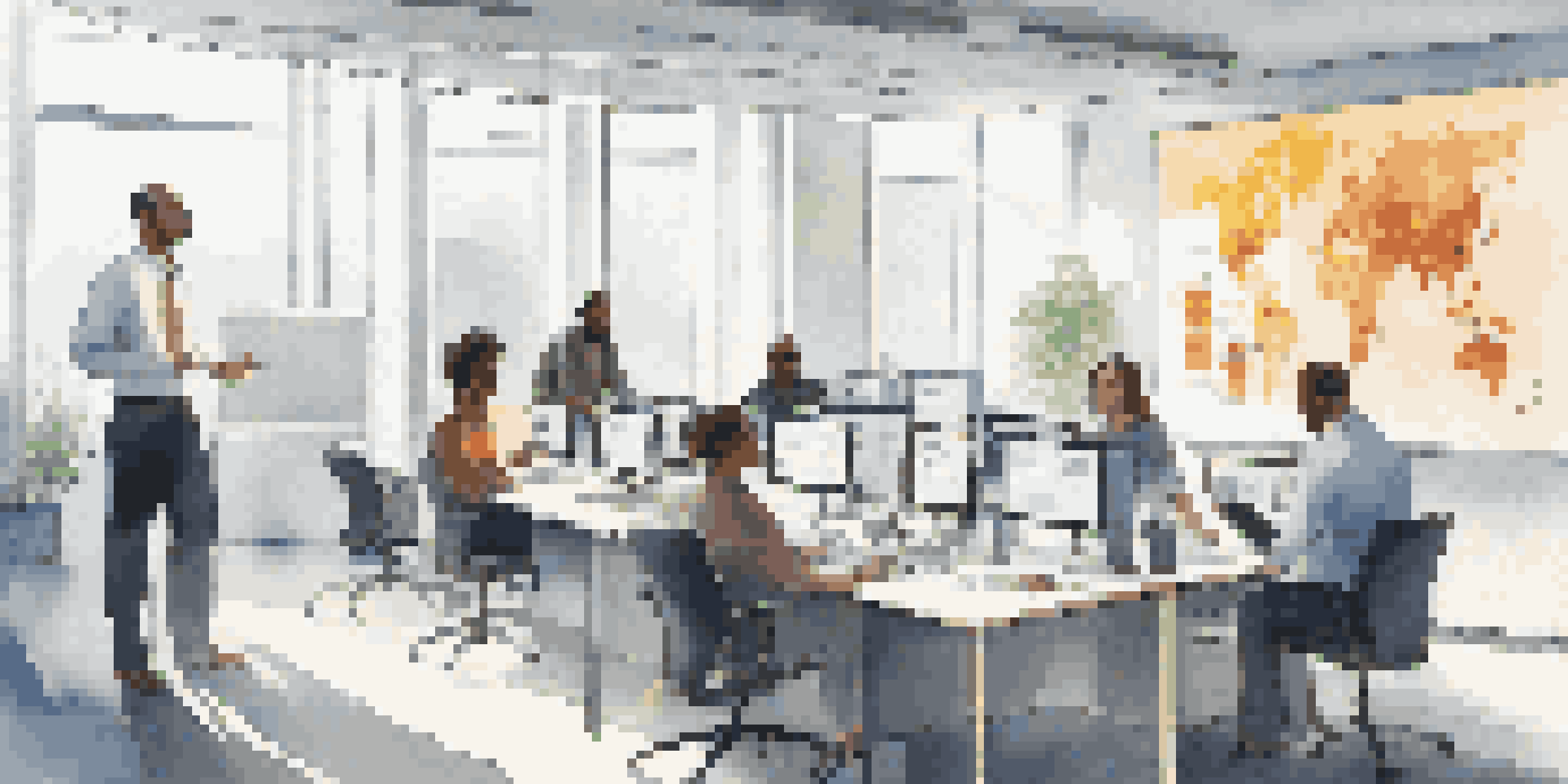 A diverse group of employees in a bright office attending a data security training session with a projector displaying information.