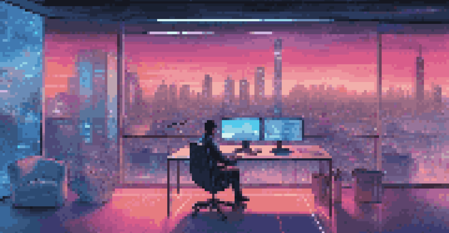A futuristic workspace with a person using a holographic interface to manage data privacy, set against a neon-lit city skyline.