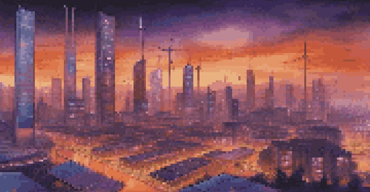 A city skyline at dusk, featuring renewable energy sources and a blockchain interface.