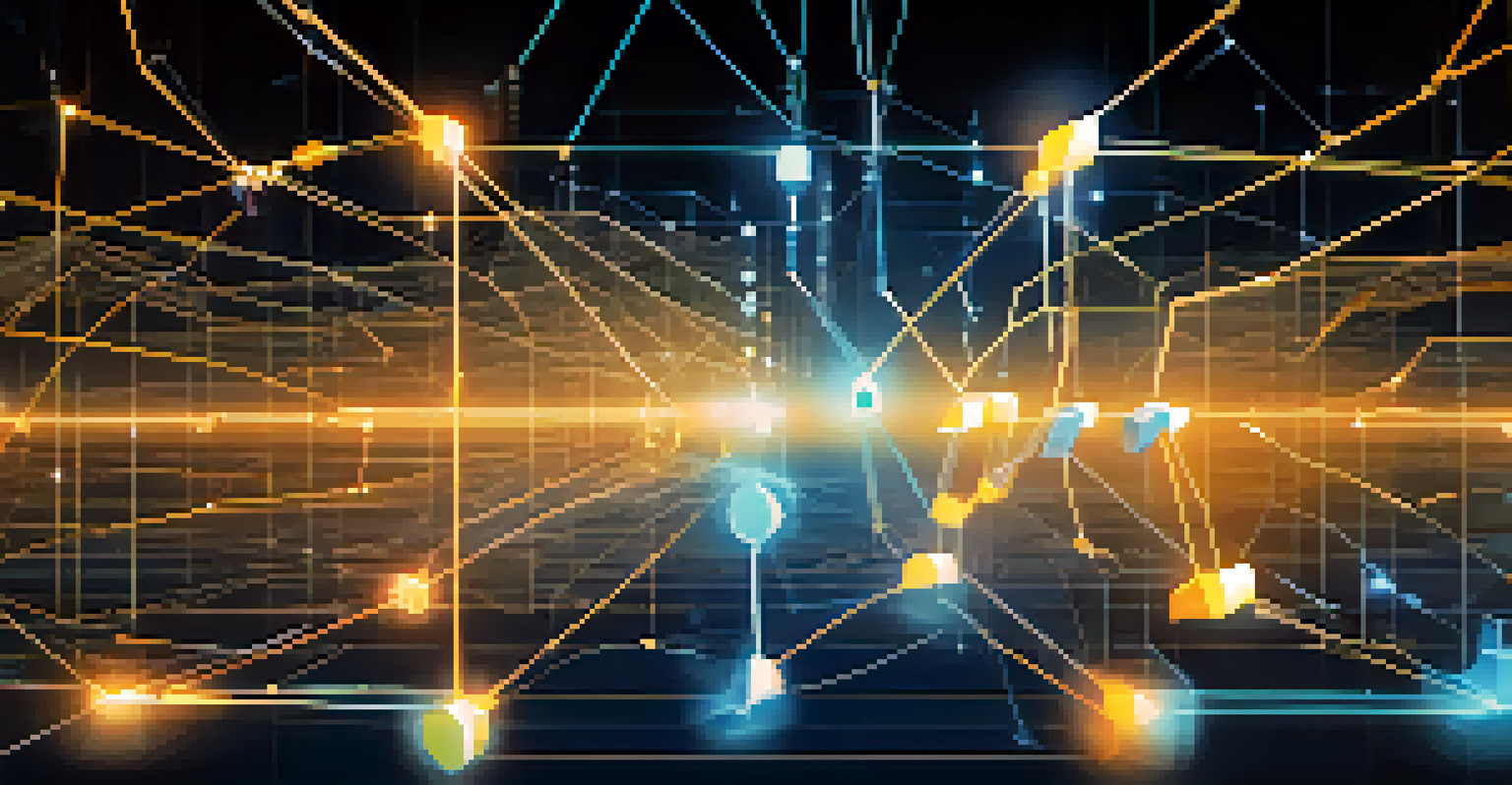 A digital illustration of a supply chain network using blockchain technology, showing interconnected nodes and glowing data streams.