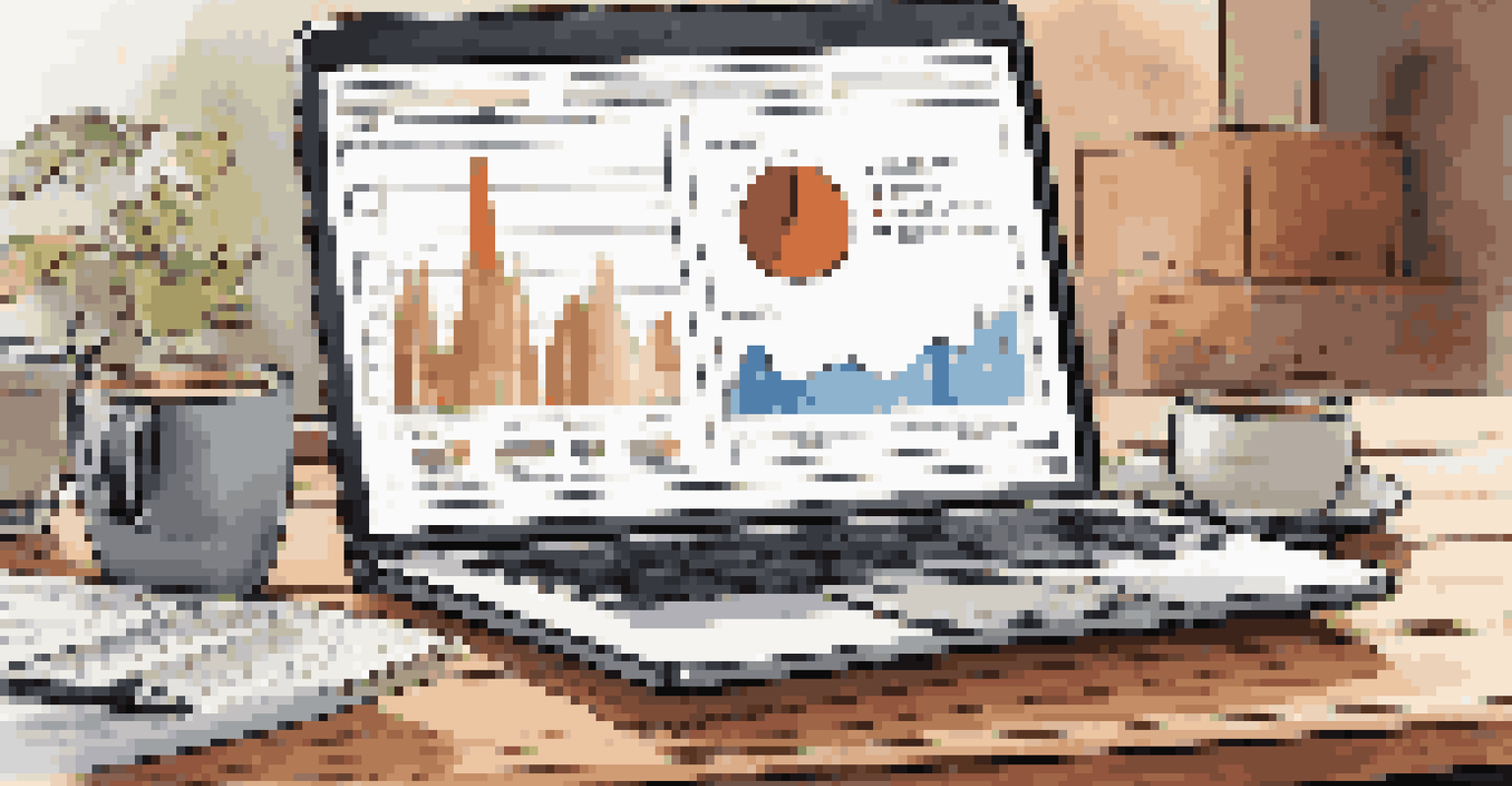 A close-up of a laptop showing a data analytics software interface, with graphs and charts, alongside a cup of coffee and a notebook on a wooden desk.