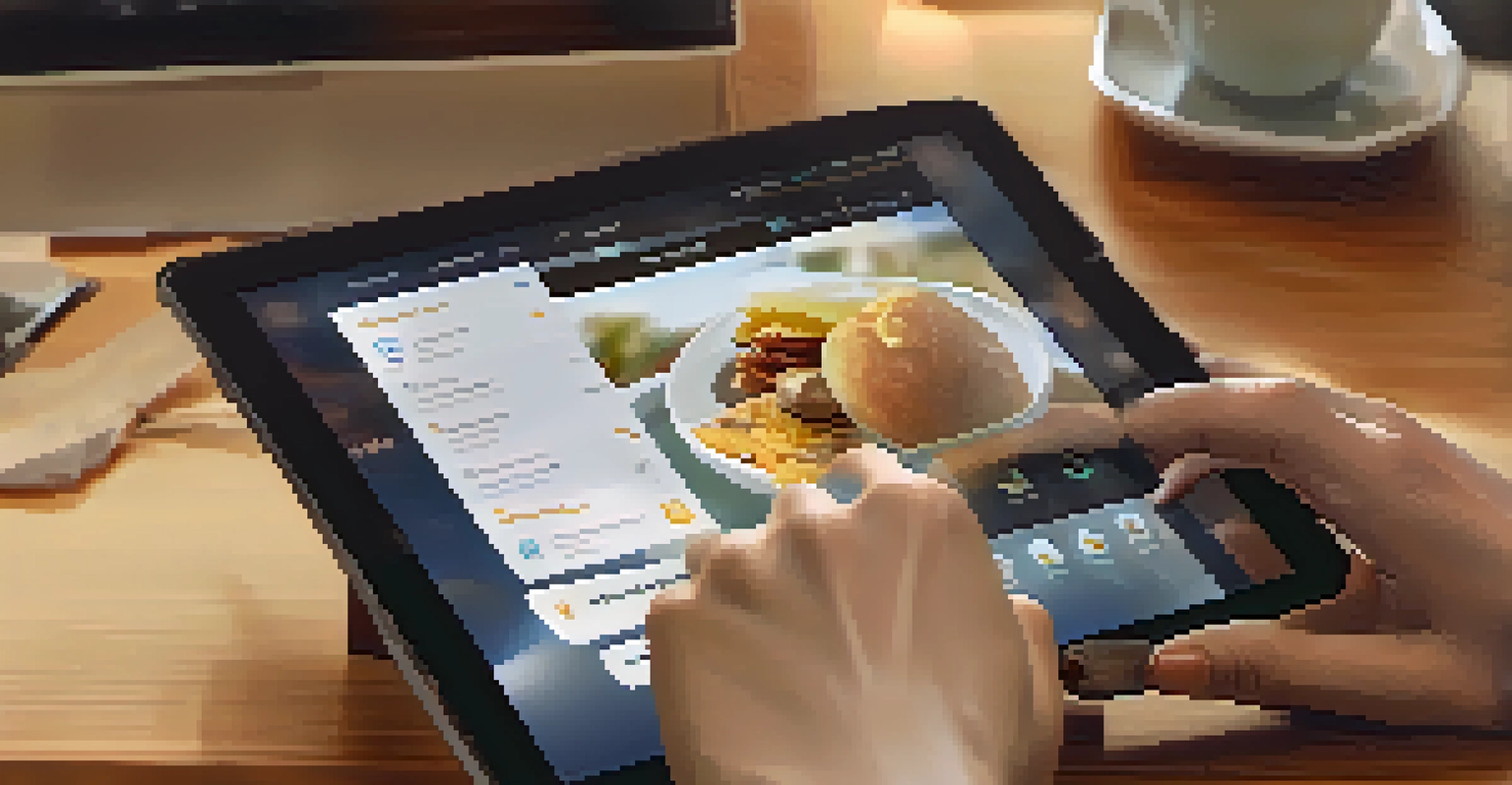 A close-up of a hand on a tablet managing cloud services in a cozy coffee shop.
