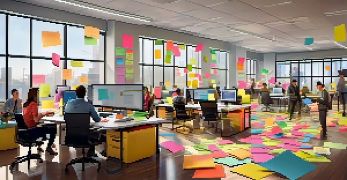 A modern office with diverse software developers collaborating at a table surrounded by laptops and coffee cups, filled with natural light and colorful post-it notes.