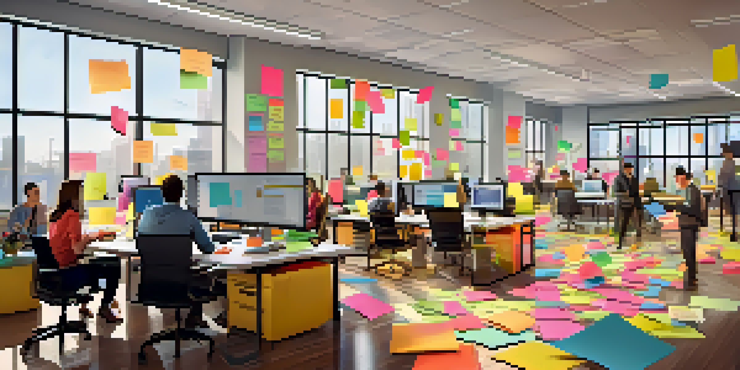 A modern office with diverse software developers collaborating at a table surrounded by laptops and coffee cups, filled with natural light and colorful post-it notes.