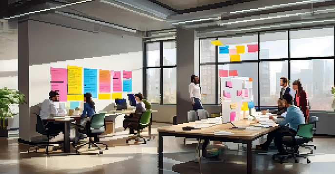 A bright and modern office with a Kanban board showing colorful sticky notes, where a diverse team collaborates around a table.