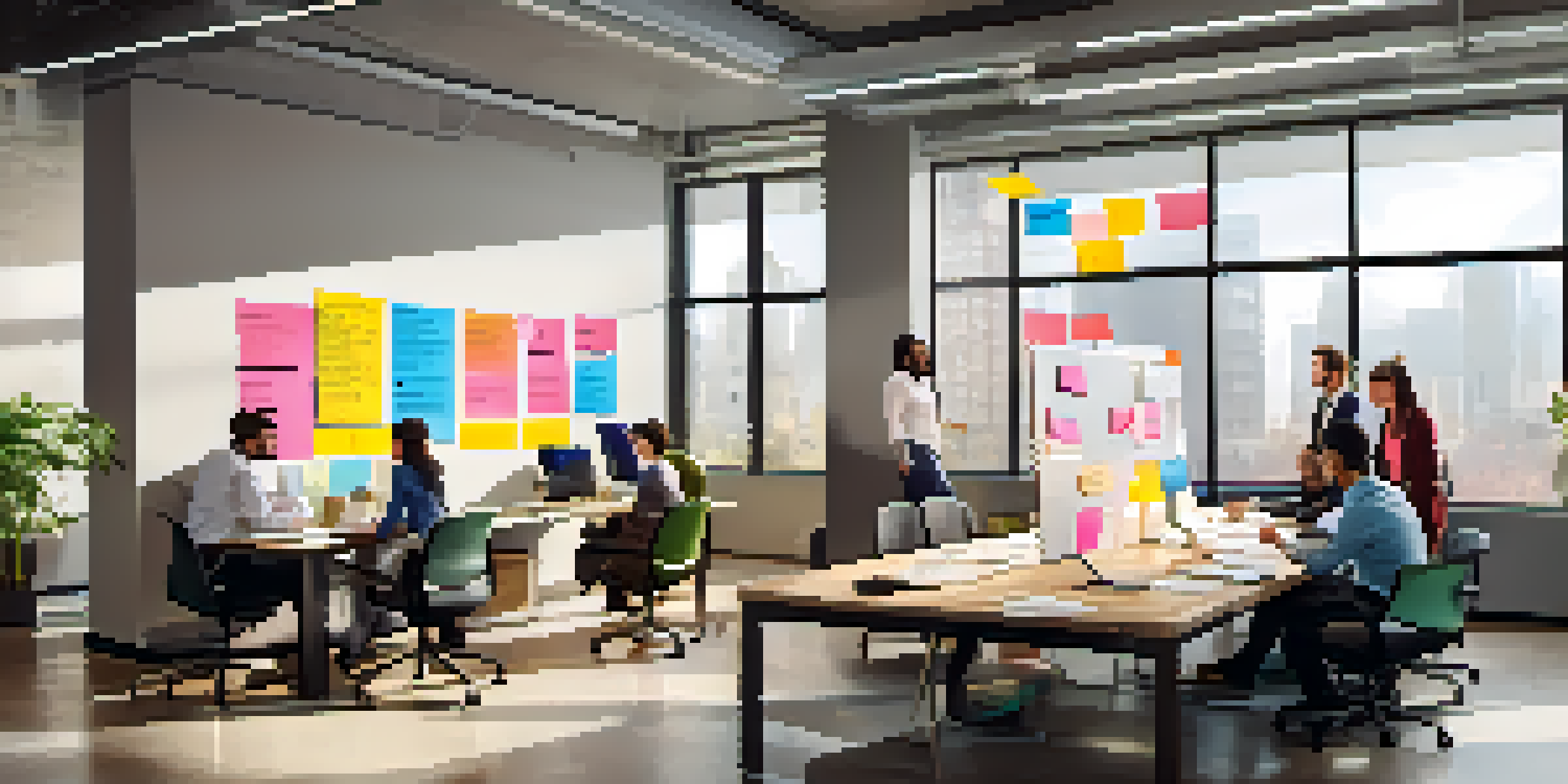 A bright and modern office with a Kanban board showing colorful sticky notes, where a diverse team collaborates around a table.