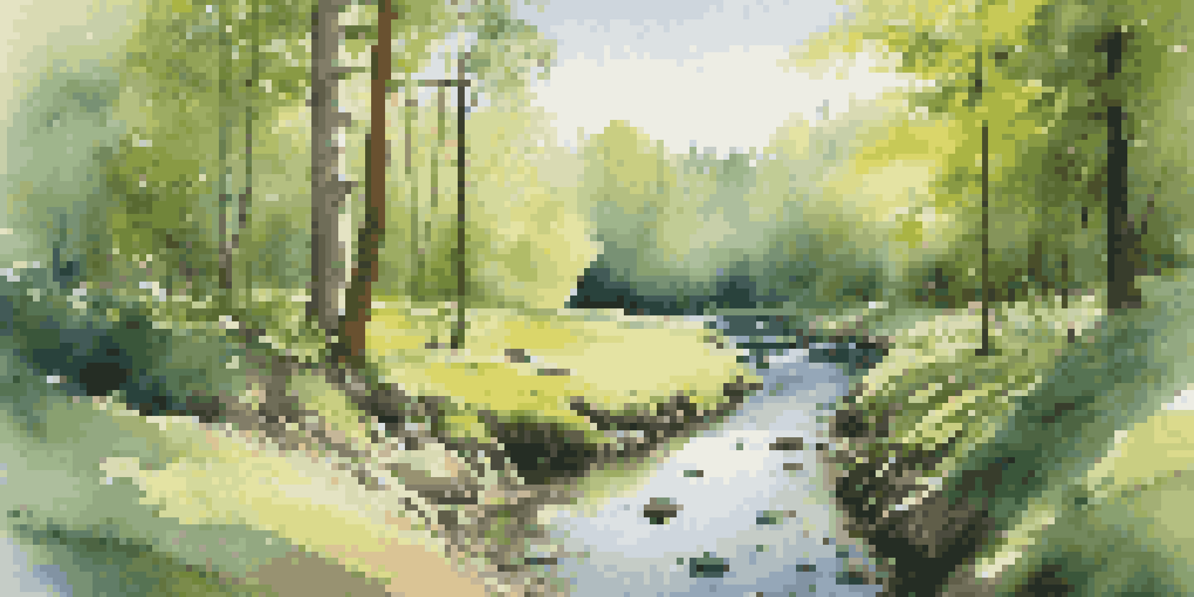 A peaceful forest scene with a stream and AI-powered sensors integrated into the natural surroundings.