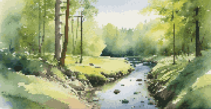 A peaceful forest scene with a stream and AI-powered sensors integrated into the natural surroundings.